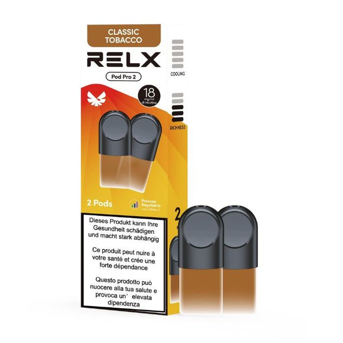 RELX Classic Tobacco packaging with two black pods on a white background