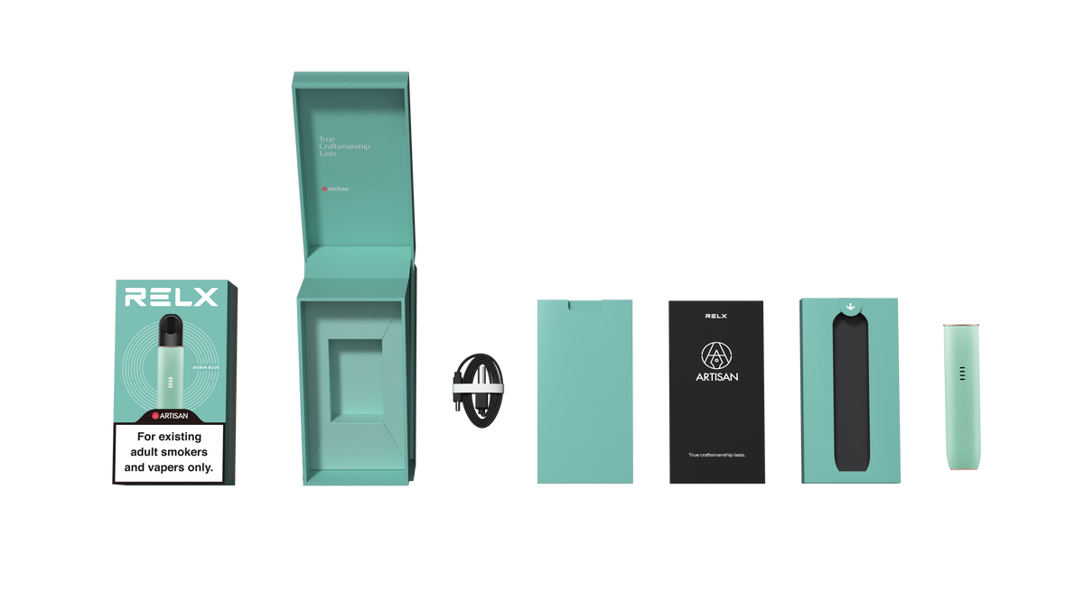 RELX Artisan Robin Blue Device Packaging - the Premium Vaping Experience