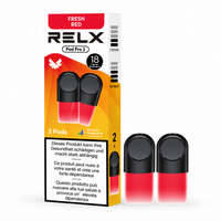 A box of RELX Pod Pro 2 disposable vape pods in the Fresh Red flavor, shown next to two individual pods with black tops and red bodies, on a white background.