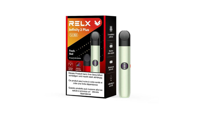 RELX Infinity 2 Plus vape device and packaging on a white background