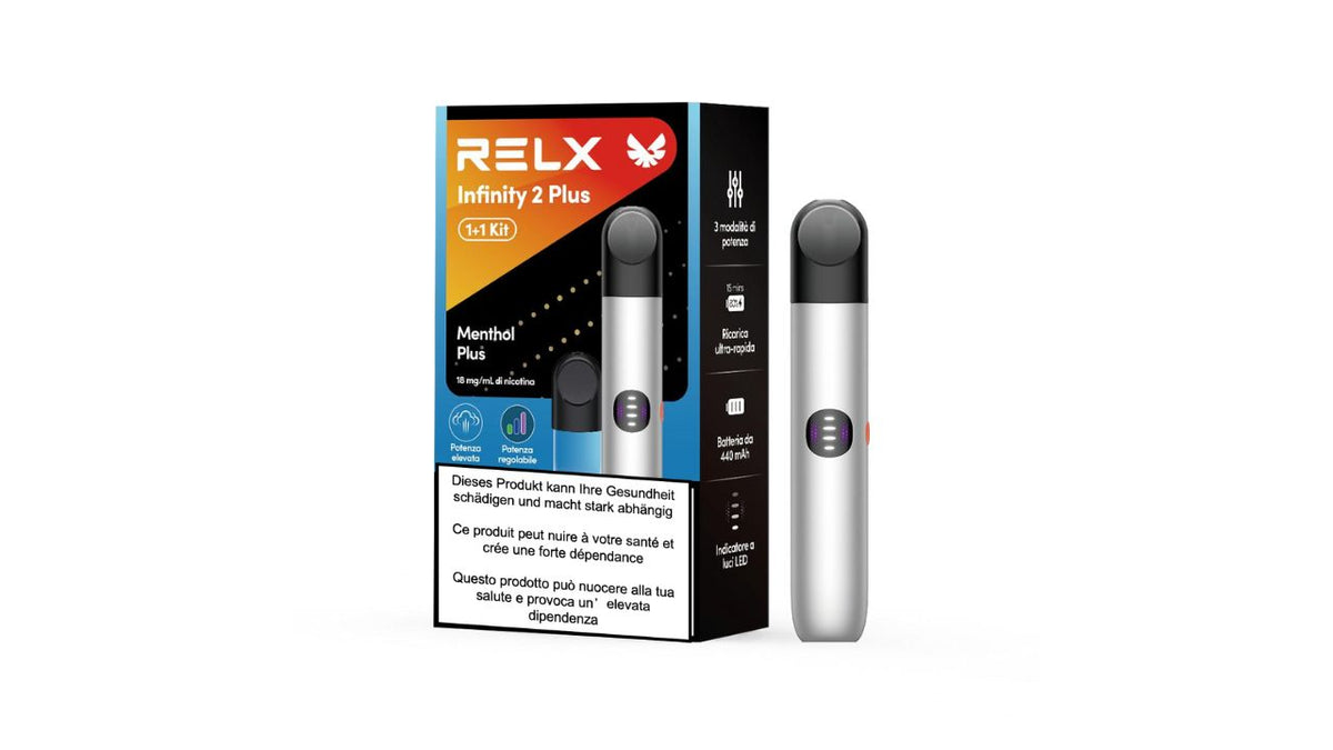 RELX Infinity 2 Plus vape device and packaging on a white background