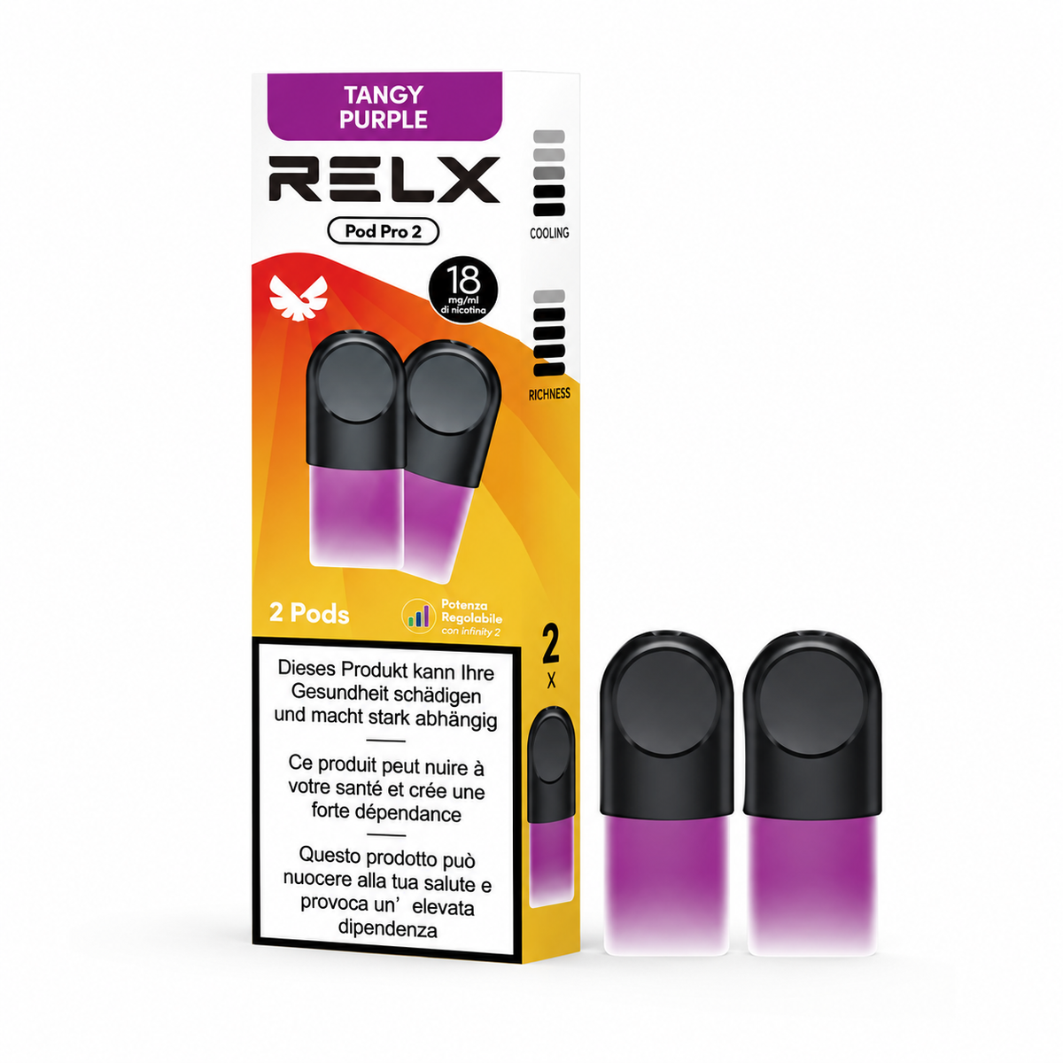 A package of RELX Pod Pro 2 disposable vape pods in 'Tangy Purple' flavor, shown alongside two individual pods with their black mouthpieces and purple gradient bodies on a plain white background.