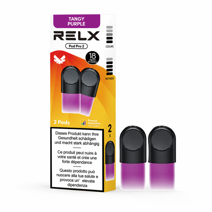 A package of RELX Pod Pro 2 disposable vape pods in 'Tangy Purple' flavor, shown alongside two individual pods with their black mouthpieces and purple gradient bodies on a plain white background.