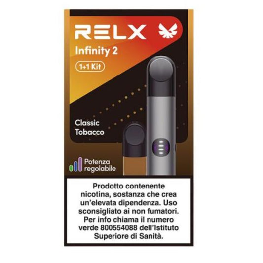Packaging for the RELX Infinity 2 device with a Classic Tobacco flavor pod. The package has the brand name and product model prominently displayed.